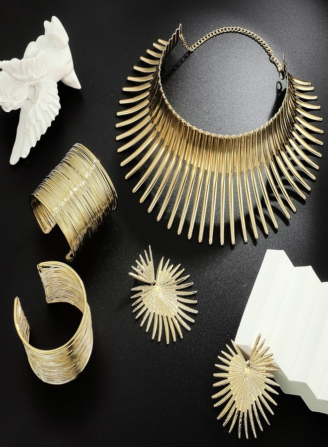 MEDOJO African Jewelry Set for Women Head Wrap Tooth Collar Choker Open Wrist Cuff Nose Ring Hoop Chain Earrings Gold Statement African Costume Accessories - Image 4