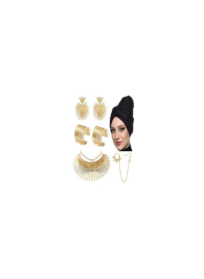 MEDOJO African Jewelry Set for Women Head Wrap Tooth Collar Choker Open Wrist Cuff Nose Ring Hoop Chain Earrings Gold Statement African Costume Accessories - Image 1