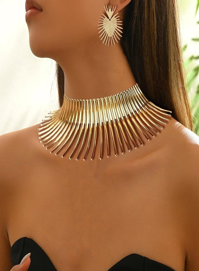 MEDOJO African Jewelry Set for Women Head Wrap Tooth Collar Choker Open Wrist Cuff Nose Ring Hoop Chain Earrings Gold Statement African Costume Accessories - Image 3