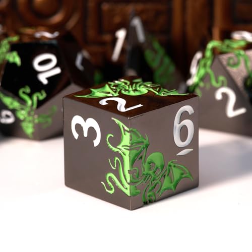 HNCCESG Octopus Metal RPG Dice Set7PieceInspired by Cthulhu MythosAbyss Green on BlackHeavy Zinc Alloy Dice for Fantasy RPGs Collectors Black Green - Image 5
