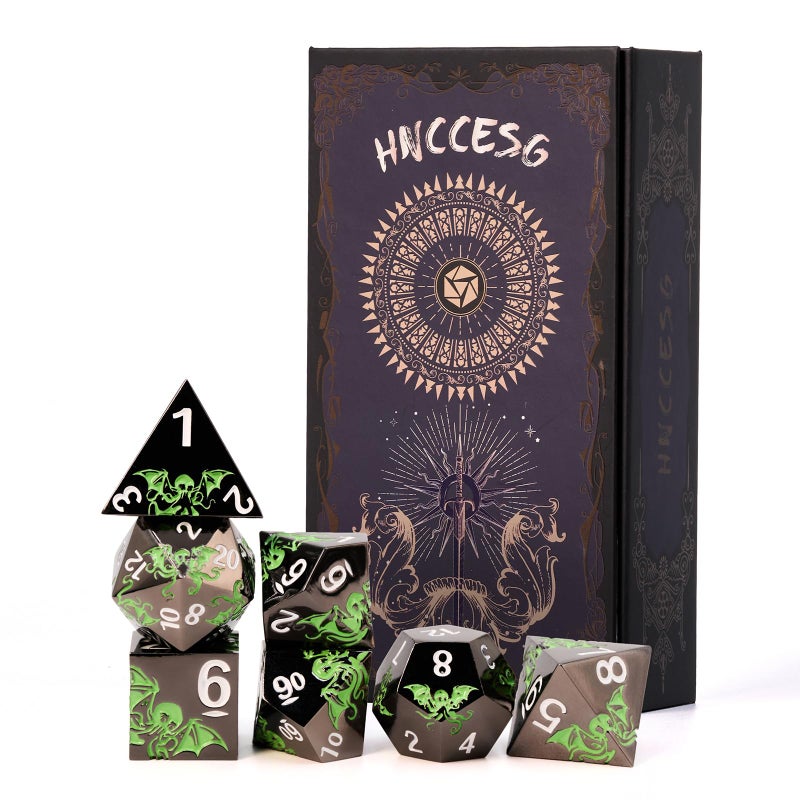 HNCCESG Octopus Metal RPG Dice Set7PieceInspired by Cthulhu MythosAbyss Green on BlackHeavy Zinc Alloy Dice for Fantasy RPGs Collectors Black Green - Image 3