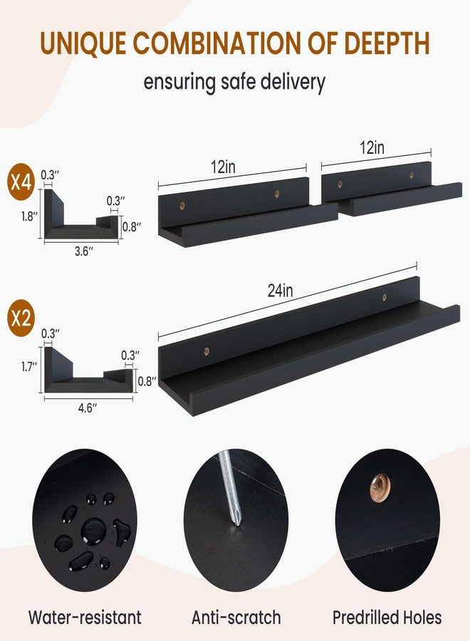 Axeman Picture Ledge Shelf, Floating Shelves for Wall Decor Storage Set of 6, 24 inch Floating Wall Mounted Shelves, Wall Shelves with Lip for Living Room, Bedroom, Nursery, Bathroom, Kitchen, Black - Image 3