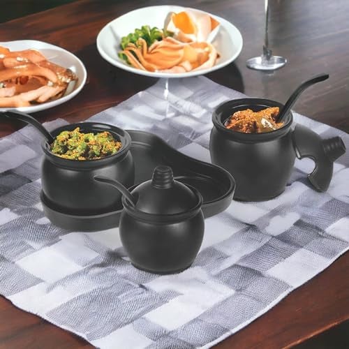 SkyKey Melamine Pickles Storage Jar Set - (3-Piece Jars with Lid, 3-Piece Spoons, 1-Piece Tray), Black - Image 3
