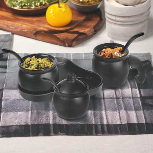 SkyKey Melamine Pickles Storage Jar Set - (3-Piece Jars with Lid, 3-Piece Spoons, 1-Piece Tray), Black - Image 4