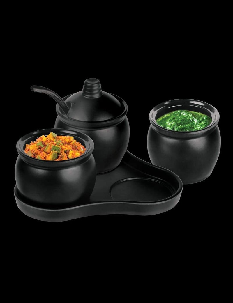 SkyKey Melamine Pickles Storage Jar Set - (3-Piece Jars with Lid, 3-Piece Spoons, 1-Piece Tray), Black - Image 2