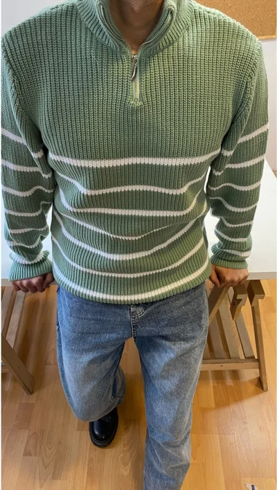 Cool Tarz Cool Style Aqua Green-White Men's Regular Zippered Fisherman Knitwear Sweater