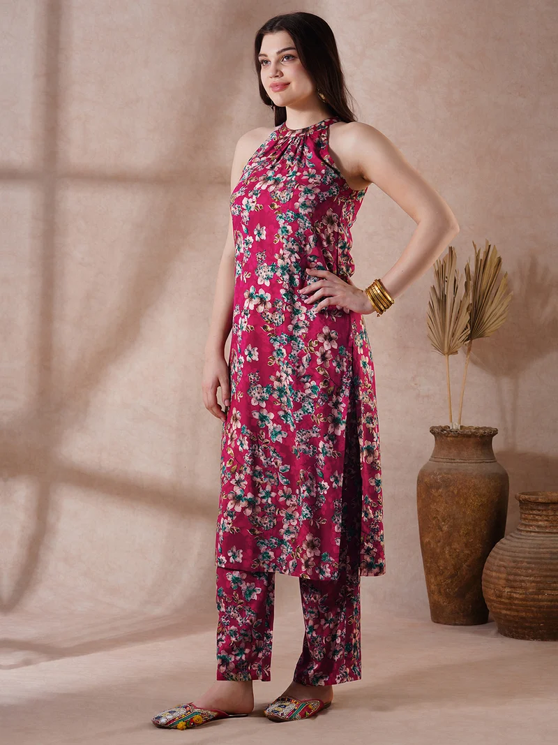 globus Women Red Halter Neck Allover Floral Print Straight Kurta With Pants Fusion Set