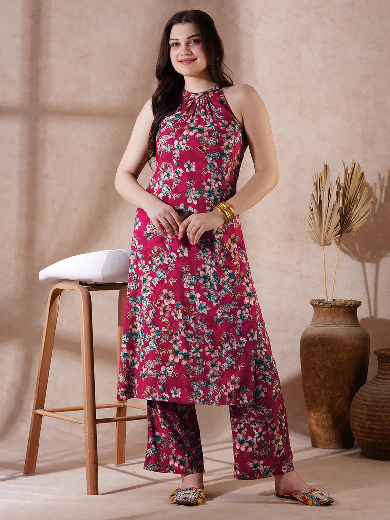 globus Women Red Halter Neck Allover Floral Print Straight Kurta With Pants Fusion Set