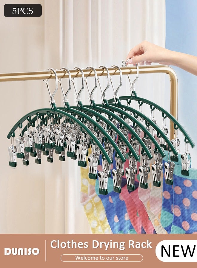 DUNISO 5 PCS Laundry Drying Rack, Stainless Steel Swivel Hook Windproof Clothes Hanger Rack with 10 Clips, Hanging Drying Rack, Anti-slip Multi Sock Peg Hanger for Drying Socks Towels Diapers Bras Baby Clothes Underwear Socks and Gloves  - Image 1