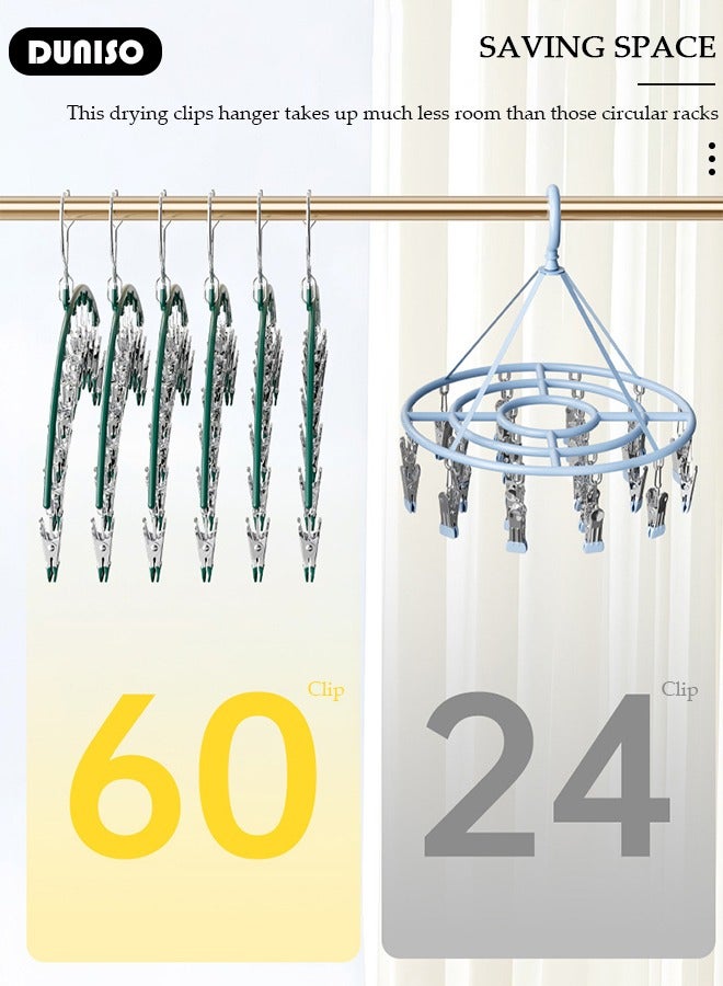 DUNISO 5 PCS Laundry Drying Rack, Stainless Steel Swivel Hook Windproof Clothes Hanger Rack with 10 Clips, Hanging Drying Rack, Anti-slip Multi Sock Peg Hanger for Drying Socks Towels Diapers Bras Baby Clothes Underwear Socks and Gloves  - Image 3