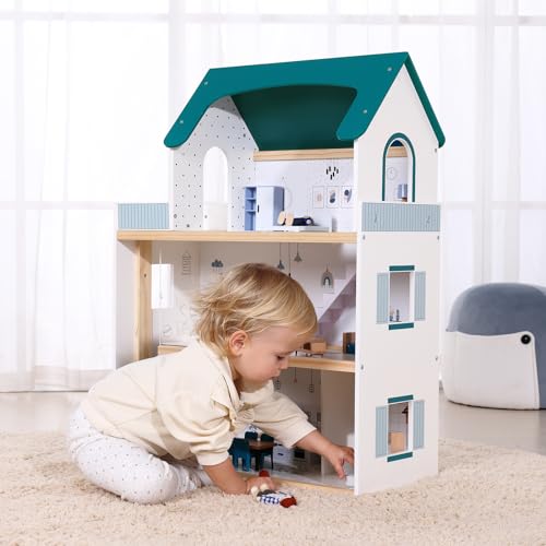OOOK Wooden Dollhouse with Liftable Elevator 26 Feet High Modern Doll House for Kids Toddlers Including 21 Furniture Pieces 4 Family Dolls and 1 pet - Image 5