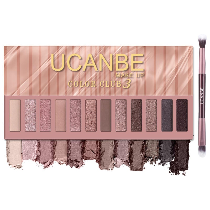 UCANBE 12 Color Eyeshadow Makeup Palette, Neutral Matte Shimmer Nude Eye Shadow Make Up Pallet with Double-ended Brush Set Kit, Highly Pigmented Long Lasting Waterproof - Image 1