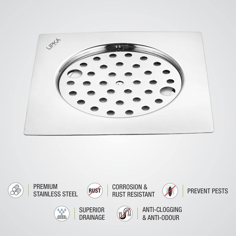 LIPKA Eon Square Flat Cut with Plain Jali Floor Drain Premium Stainless Steel 6 x 6 Inches with Lock - Image 4