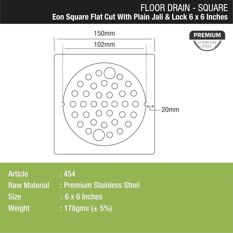 LIPKA Eon Square Flat Cut with Plain Jali Floor Drain Premium Stainless Steel 6 x 6 Inches with Lock - Image 2
