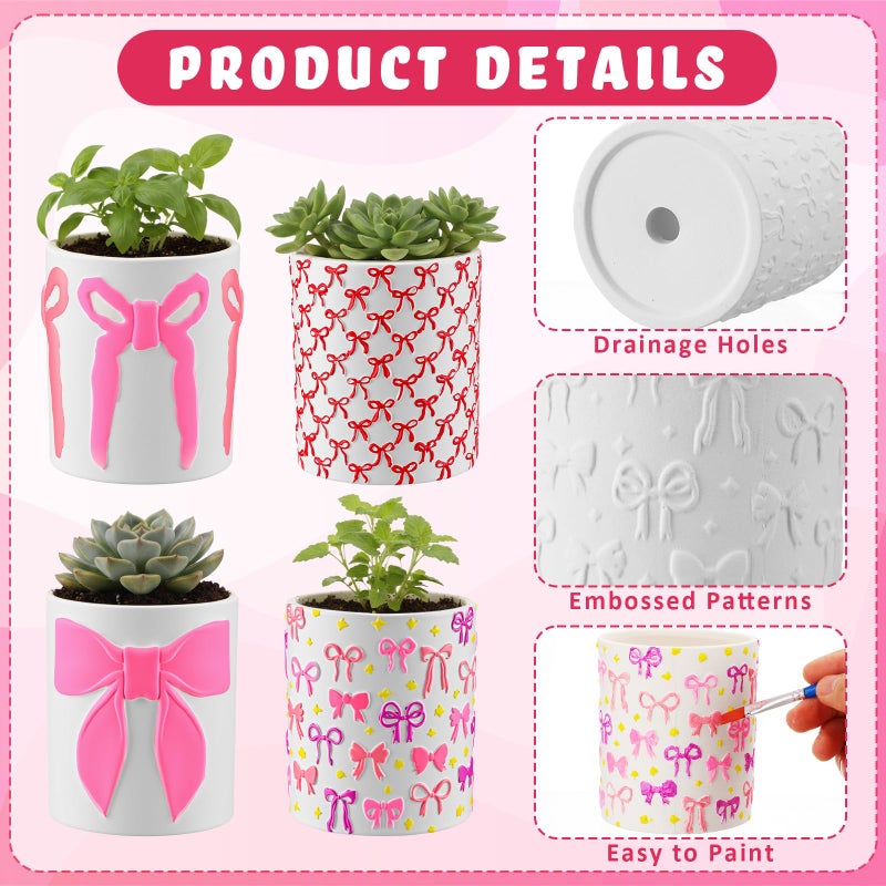 Zubebe 12 Pcs Paint Your Own Valentines Bow Ceramic Pots Bulk Unfinished Succulent Pots Painting Kit with Drainage Hole Mini Paintable Plant Vase Ready to Paint Planter for Valentines DIY Craft - Image 4