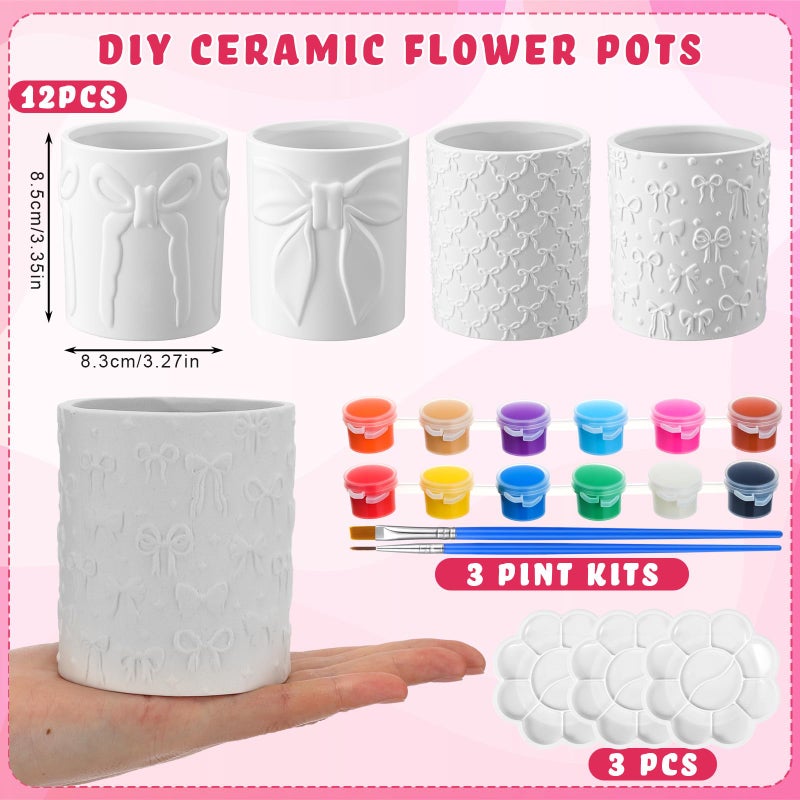 Zubebe 12 Pcs Paint Your Own Valentines Bow Ceramic Pots Bulk Unfinished Succulent Pots Painting Kit with Drainage Hole Mini Paintable Plant Vase Ready to Paint Planter for Valentines DIY Craft - Image 2