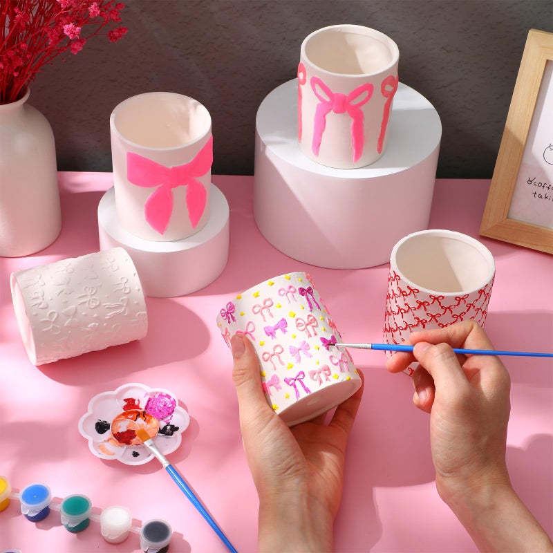 Zubebe 12 Pcs Paint Your Own Valentines Bow Ceramic Pots Bulk Unfinished Succulent Pots Painting Kit with Drainage Hole Mini Paintable Plant Vase Ready to Paint Planter for Valentines DIY Craft - Image 5