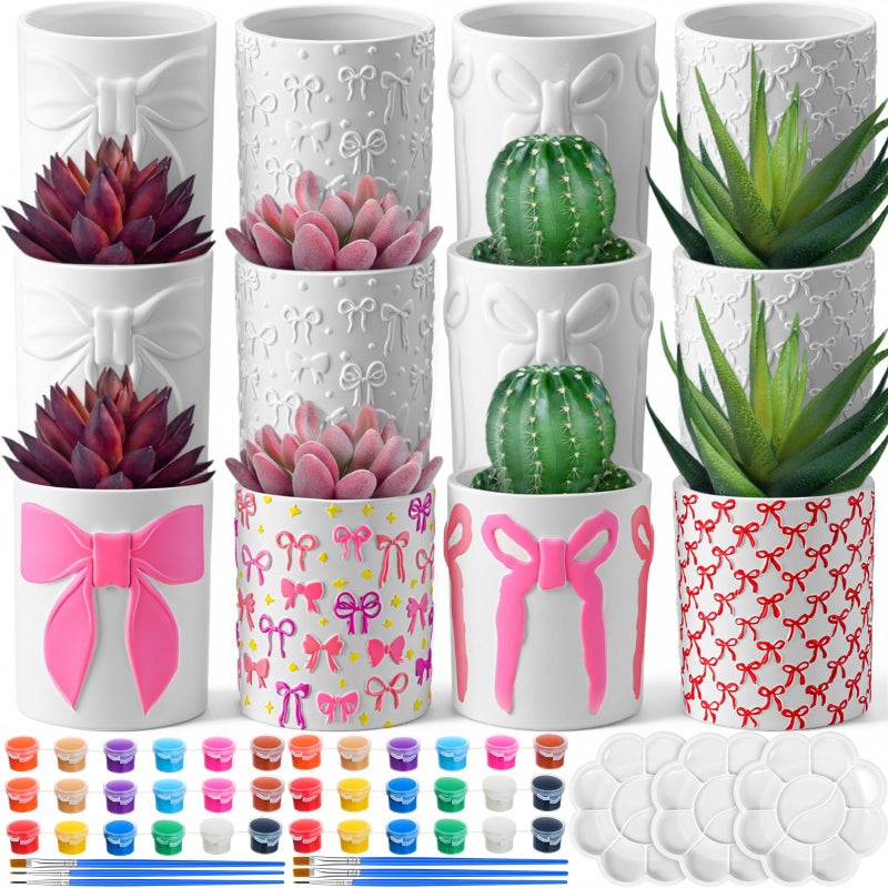 Zubebe 12 Pcs Paint Your Own Valentines Bow Ceramic Pots Bulk Unfinished Succulent Pots Painting Kit with Drainage Hole Mini Paintable Plant Vase Ready to Paint Planter for Valentines DIY Craft - Image 1