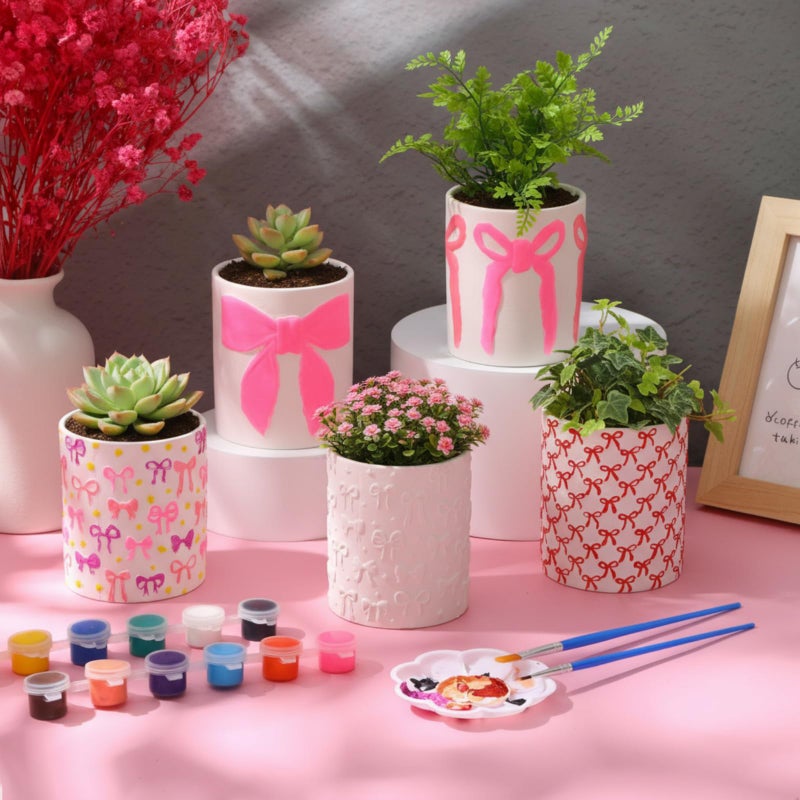 Zubebe 12 Pcs Paint Your Own Valentines Bow Ceramic Pots Bulk Unfinished Succulent Pots Painting Kit with Drainage Hole Mini Paintable Plant Vase Ready to Paint Planter for Valentines DIY Craft - Image 3