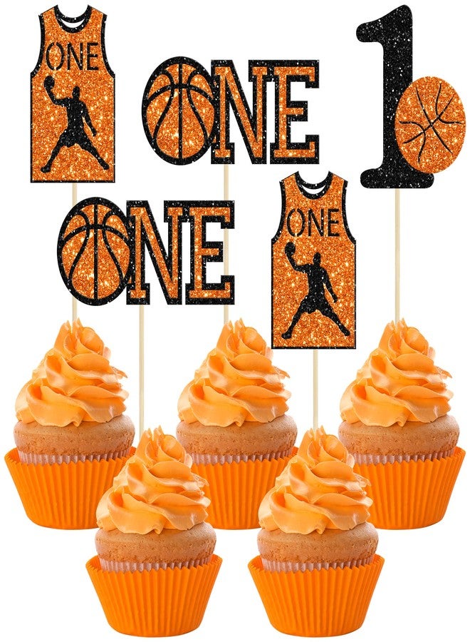 Ephlyn 24Pcs Basketball One Cupcake Toppers Glitter Number 1 First Birthday Basketball Cupcake Picks for Sports Theme Baby Shower Kids 1st Birthday Party Cake Decorations Supplies - Image 1