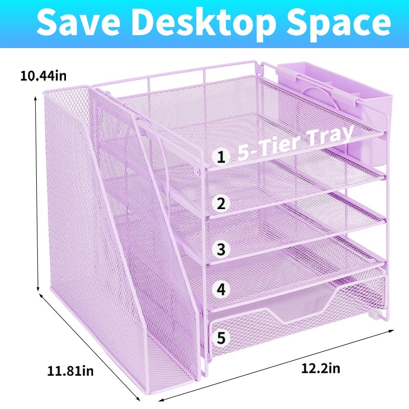Gugsey Desk Organizer, 5-Tier Paper Letter Tray Organizer with File Holder, Drawer and Pen Holder, Desktop Organizer for Office Supplies, Purple - Image 2