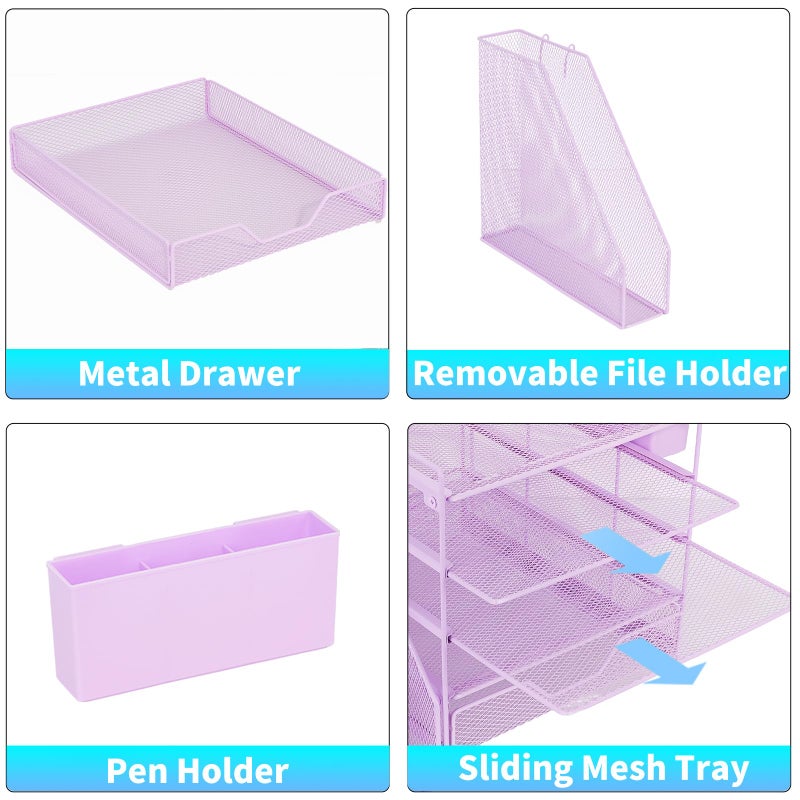 Gugsey Desk Organizer, 5-Tier Paper Letter Tray Organizer with File Holder, Drawer and Pen Holder, Desktop Organizer for Office Supplies, Purple - Image 3