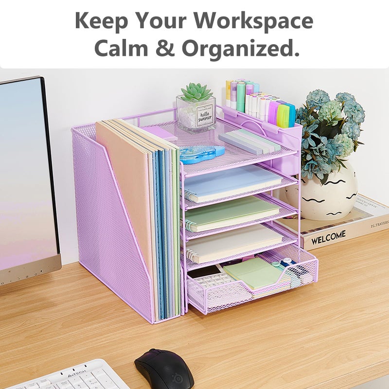 Gugsey Desk Organizer, 5-Tier Paper Letter Tray Organizer with File Holder, Drawer and Pen Holder, Desktop Organizer for Office Supplies, Purple - Image 5