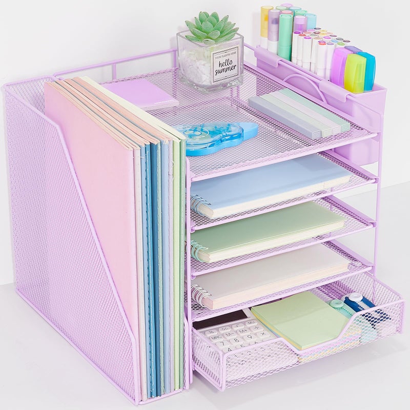 Gugsey Desk Organizer, 5-Tier Paper Letter Tray Organizer with File Holder, Drawer and Pen Holder, Desktop Organizer for Office Supplies, Purple - Image 1