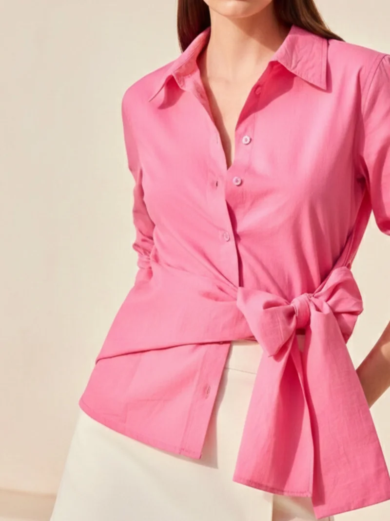 OUTZIDR Pink Front Knoted Shirt