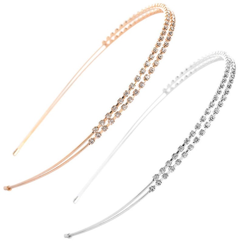 lasenersm 2 Pieces Metal Double Headband Fashion Double Row Headbands Fine Encrusted Rhinestone Alloy Headbands Hair Hairband Hair Loop Headband Accessories RoseGold and Silver