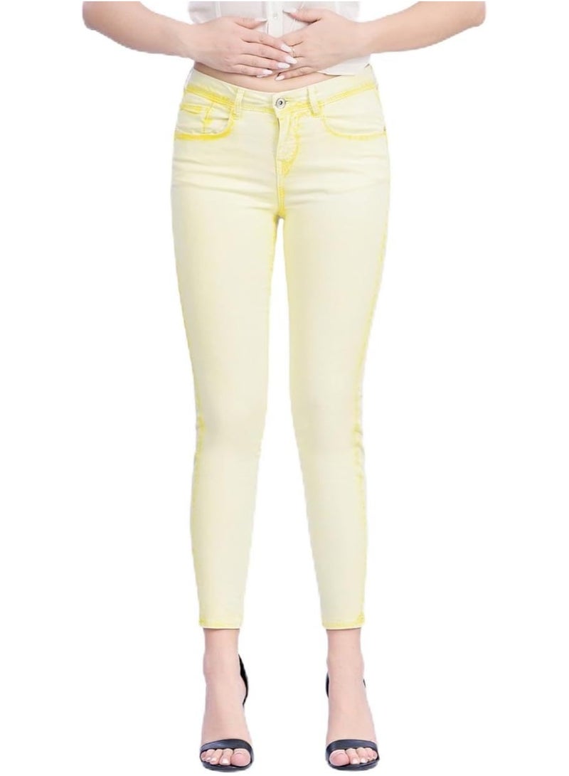 Web Denim Web Denim Light Yellow OD Skinny Stretchable Straight Pant Fashionable Comfort Fit Casual Cotton Jeans with Pockets For Women  - Image 1
