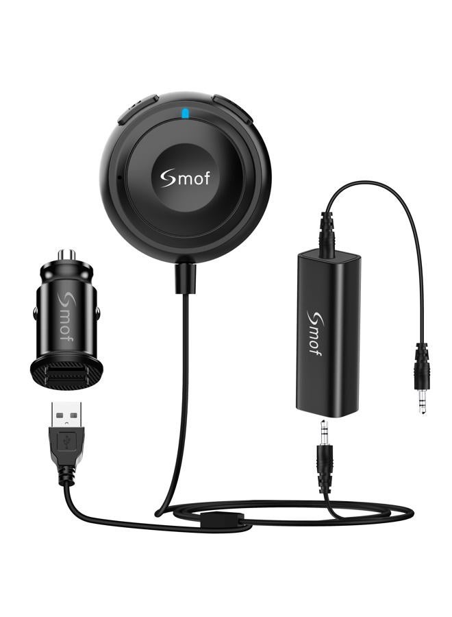 Smof Bluetooth Car Kit, Wireless Music Adapter with Earth Loop Noise Isolator, Hands-Free Calling, Dual Port USB Car Charger, Black - Image 1