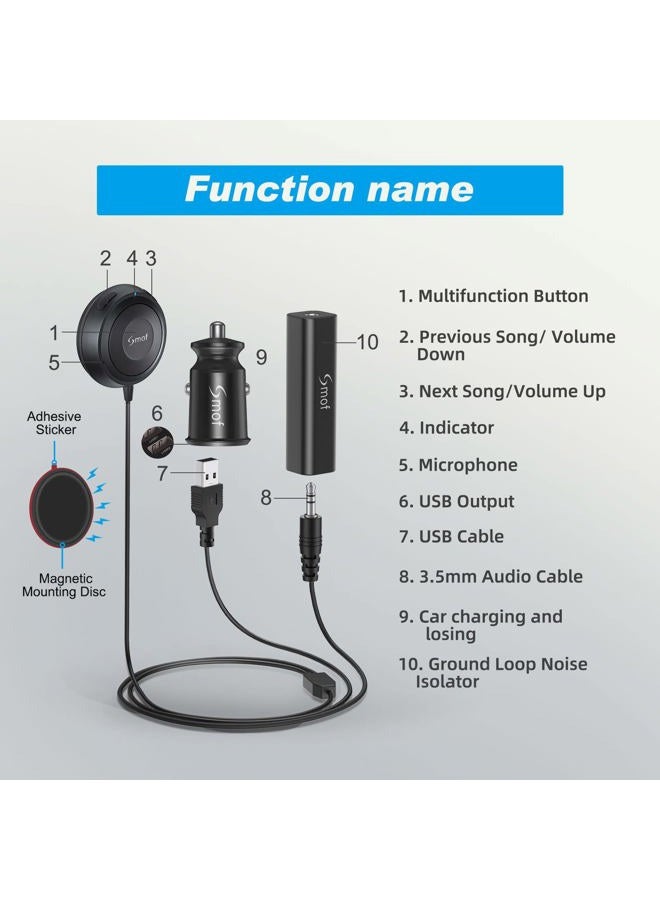 Smof Bluetooth Car Kit, Wireless Music Adapter with Earth Loop Noise Isolator, Hands-Free Calling, Dual Port USB Car Charger, Black - Image 3