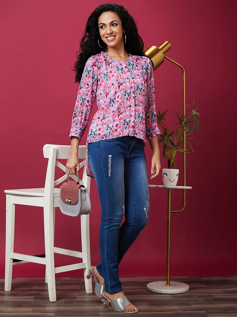 globus Women Pink Floral Printed Cuffed Sleeves Shirt Style Top With Slip