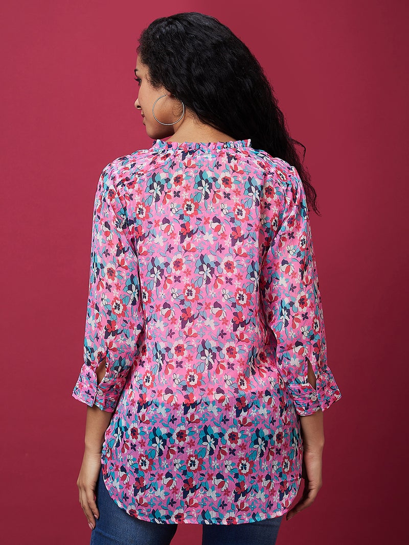 globus Globus Women Pink Floral Printed Cuffed Sleeves Shirt Style Top With Slip - Image 3