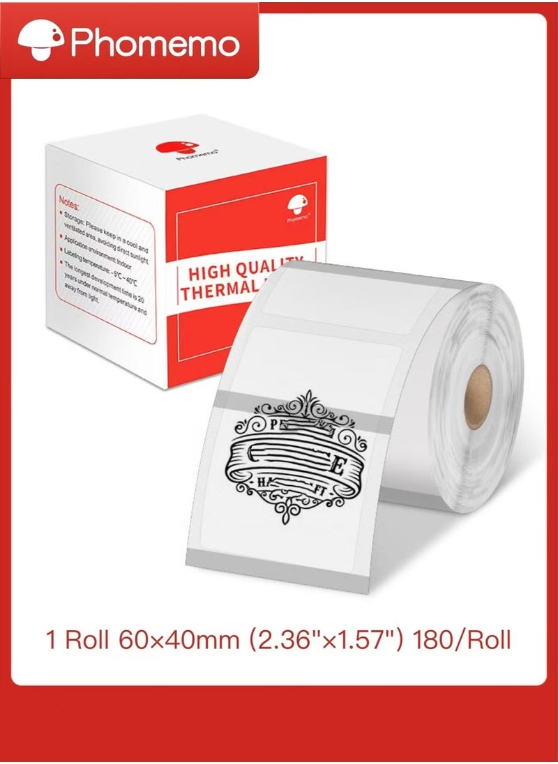 phomemo Thermal Sticker Labels 60mm×40mm(Inch 2.36"×1.57") - 180/Roll, Black on White, 1 Roll |Compatible with M200/M220/M221 Printer  - Image 1