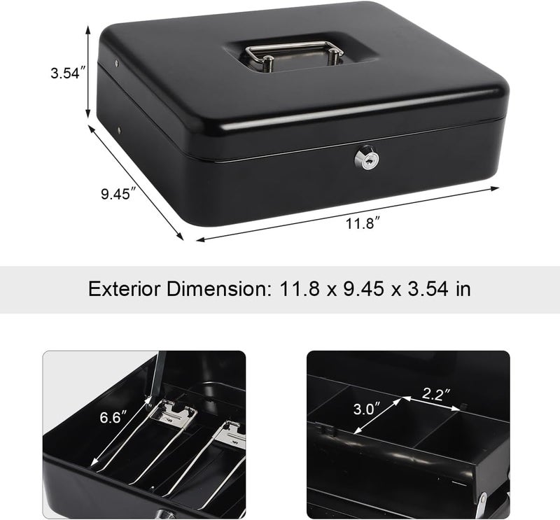 Wosta Cash Money Safe Box - Compact Solid Steel Lockable Security Storage Chest for Loose Money, Coins, Change & Valuables with 2 Keys (X-Large) 11.8"L x 9.5"W x 3.5"H, Black - Image 4