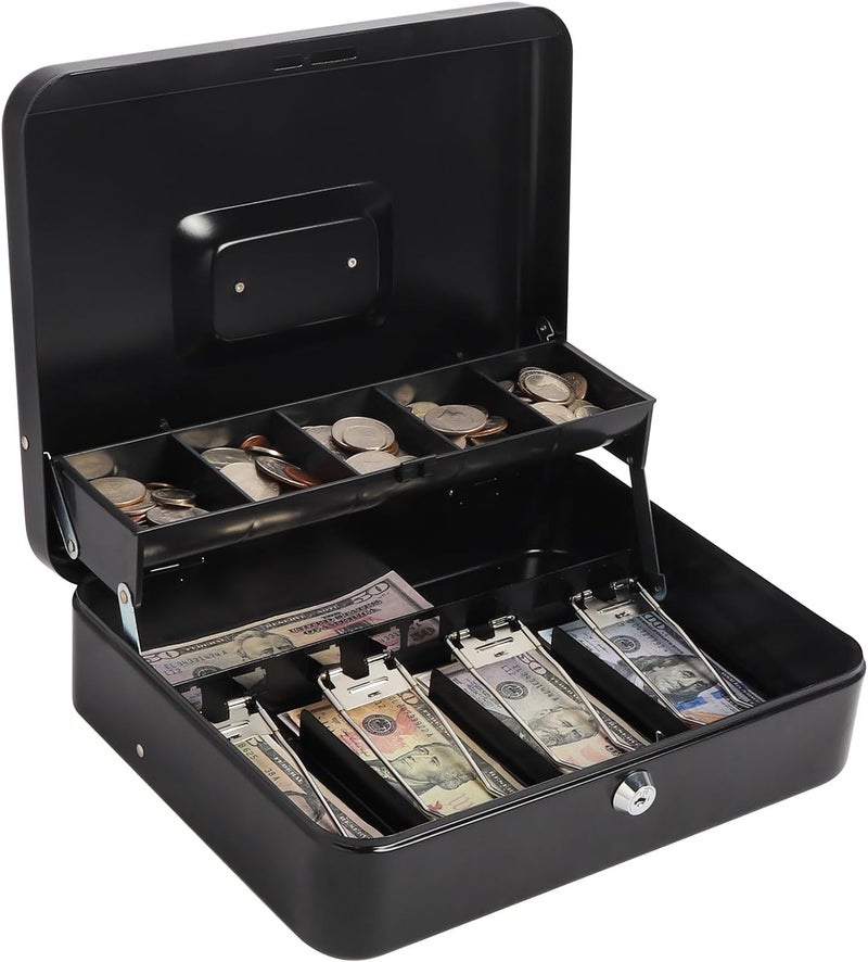 Wosta Cash Money Safe Box - Compact Solid Steel Lockable Security Storage Chest for Loose Money, Coins, Change & Valuables with 2 Keys (X-Large) 11.8"L x 9.5"W x 3.5"H, Black - Image 1