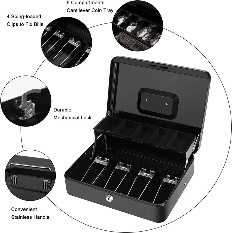 Wosta Cash Money Safe Box - Compact Solid Steel Lockable Security Storage Chest for Loose Money, Coins, Change & Valuables with 2 Keys (X-Large) 11.8"L x 9.5"W x 3.5"H, Black - Image 2