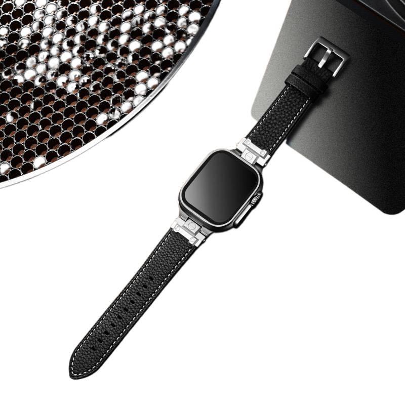 Leather Compatible with Apple Watch Black Smartwatch Band for daily smartwatch wear and replacement strap On The Go Use Work Use Family Use - Image 2