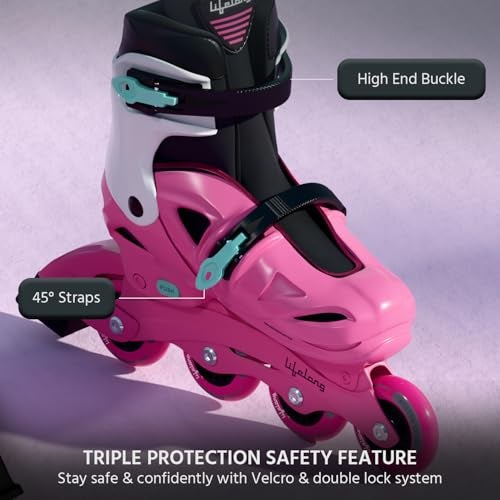 Lifelong Inline Skates for Kids - Roller Skate Shoes-3 Wheels Inline Skates-Skating Shoes for Boys & Girls with Safety Kit- Skate Scooter- Liner Skates-1 Pair of Skates, Pink, M (20.5-23 cm) - Image 3