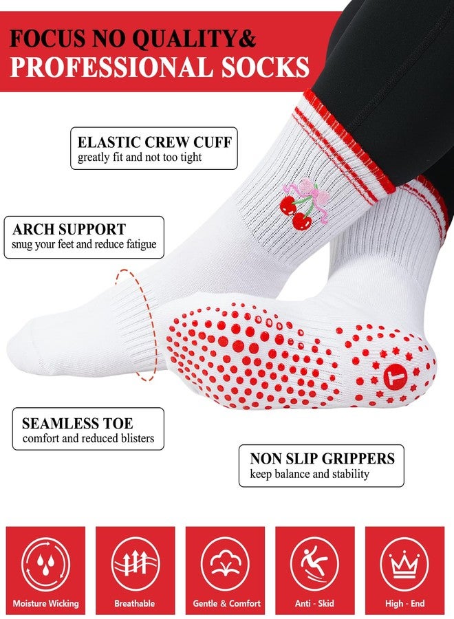 floconssy Pilates Socks for Women, Grip Yoga Crew Embroidery Cute Socks Non Slip for Barre Workout Hospital Sticky Slipper, 2 Pairs(red+yellow), 6-10 - Image 2