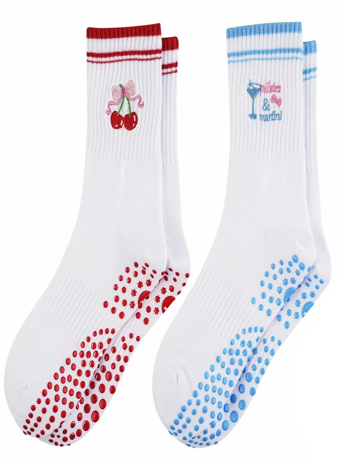 floconssy Pilates Socks for Women, Grip Yoga Crew Embroidery Cute Socks Non Slip for Barre Workout Hospital Sticky Slipper, 2 Pairs(red+yellow), 6-10 - Image 1