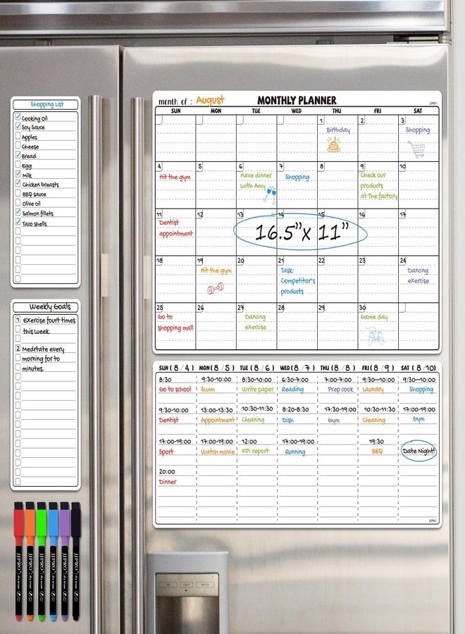 JJPRO Magnetic Dry Erase Calendar for Refrigerator-Reusable Monthly Calendar,Weekly Planner&to Do List for Fridge-Magnetic Monthly,Weekly Planner&List 2pcs-Starts Sunday-16.5x11" - Image 1
