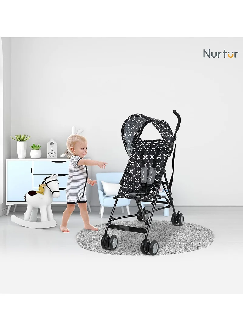 Nurtur Rex Lightweight Stroller – Compact Fold, Sun Canopy, Shoulder Strap, Airflow Design, Portable Buggy for Toddlers 6-36 Months, Easy Fold, - Black / White