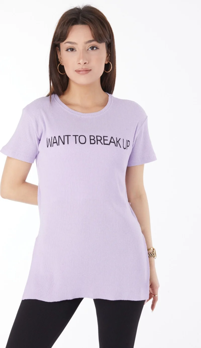 Tofisa Plain Crew Neck Women's Lilac Printed Slit T-Shirt - 24791