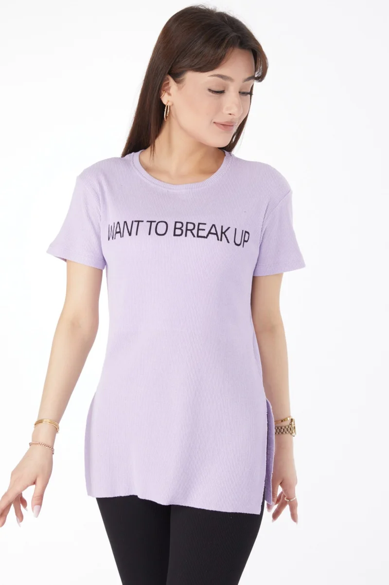 Tofisa Plain Crew Neck Women's Lilac Printed Slit T-Shirt - 24791