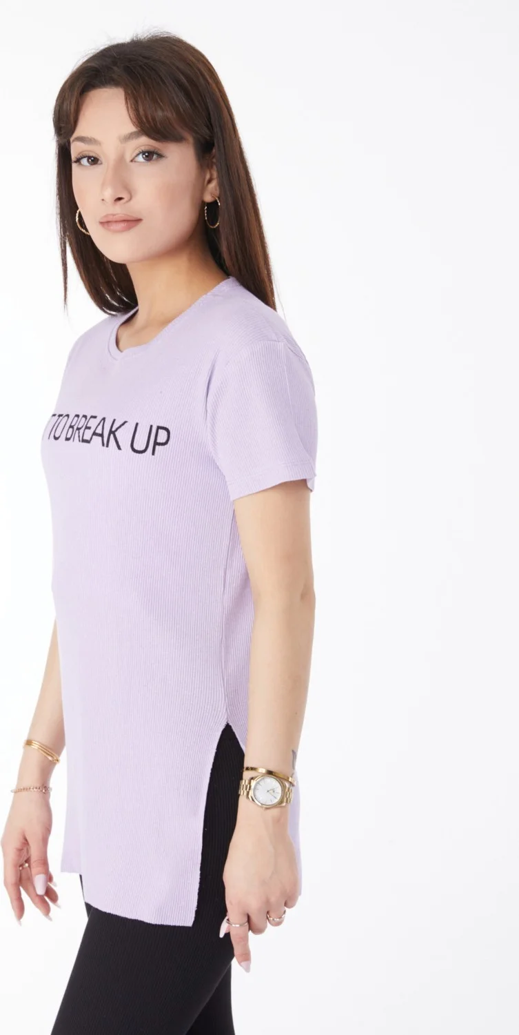 Tofisa Plain Crew Neck Women's Lilac Printed Slit T-Shirt - 24791