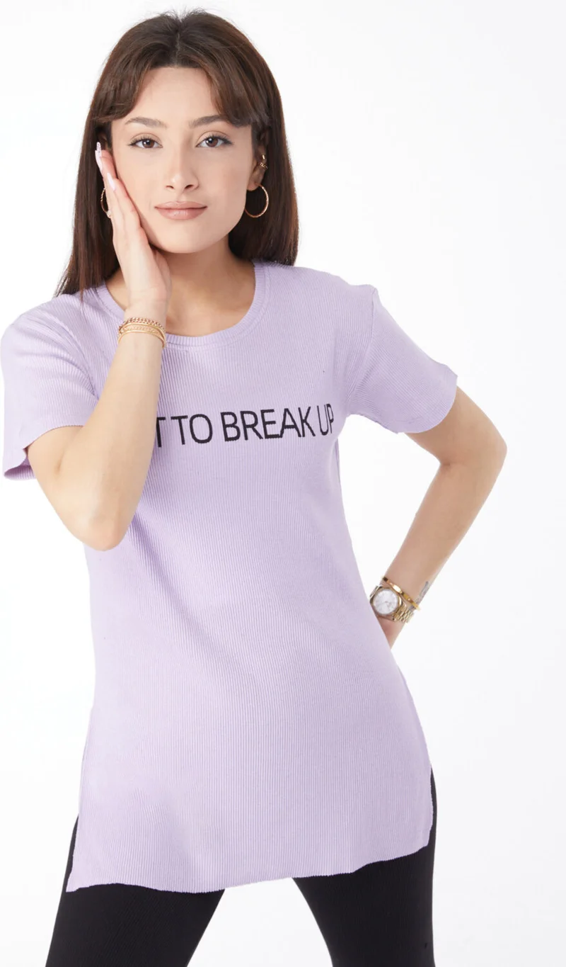 Tofisa Plain Crew Neck Women's Lilac Printed Slit T-Shirt - 24791