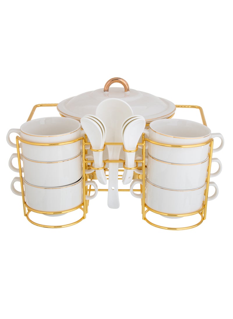Hic Porcelain soup serving set with a golden metal stand 16 piece  - Image 1